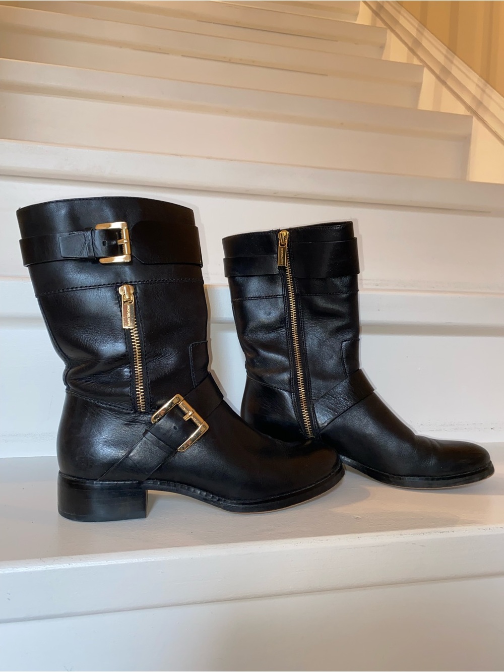 Michael Kors Black Leather Mid-Calf Boots with Gold Hardware